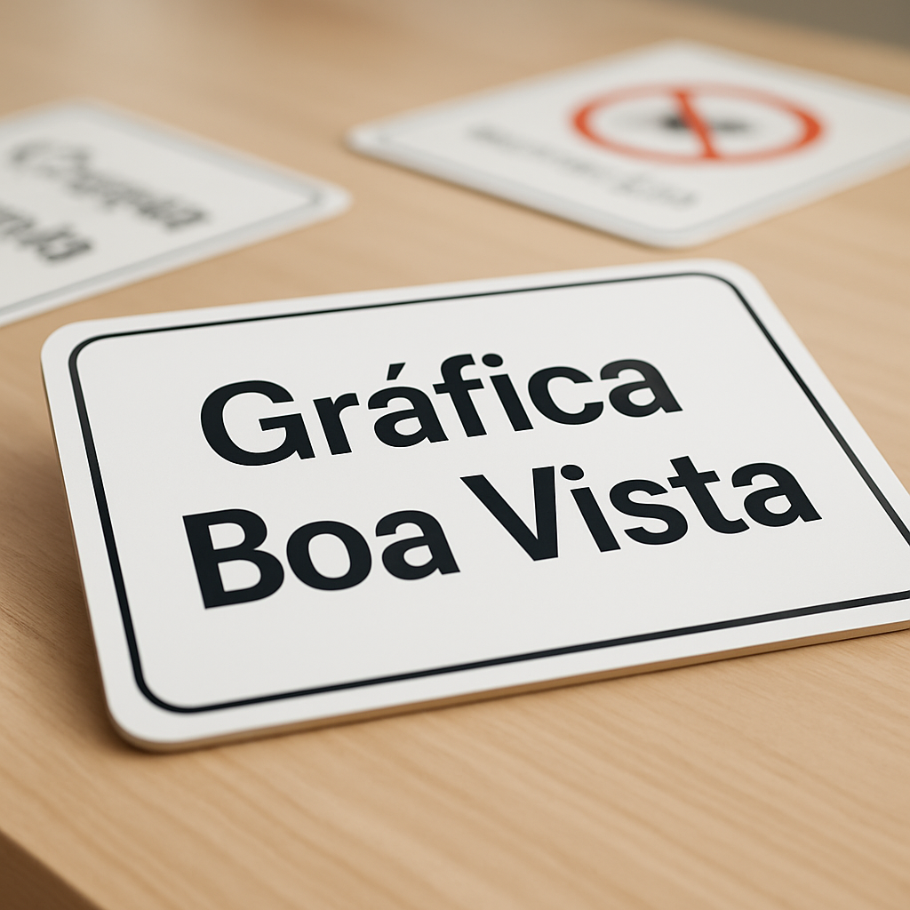 Placas de sinalização produzidas em gráfica de Curitiba, com acabamento profissional e ambiente de produção