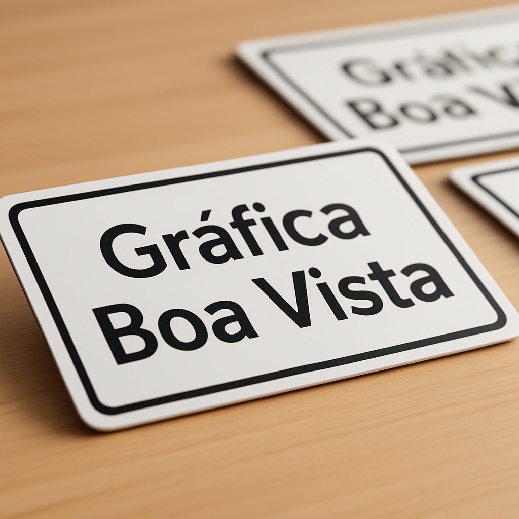 Placas de sinalização produzidas em gráfica de Curitiba, com acabamento profissional e ambiente de produção