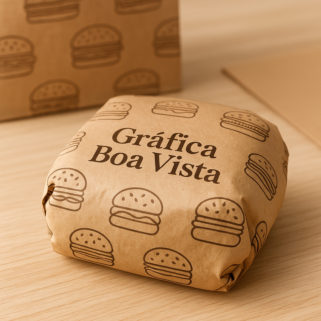 Embalagem personalizada para hambúrguer produzida em gráfica, com visual profissional e acabamento limpo
