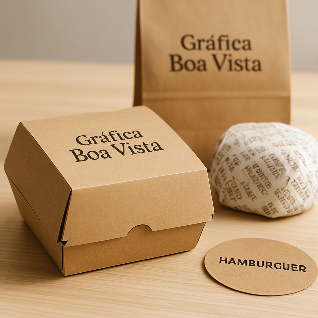 Embalagem personalizada para hambúrguer produzida em gráfica, com visual profissional e acabamento limpo