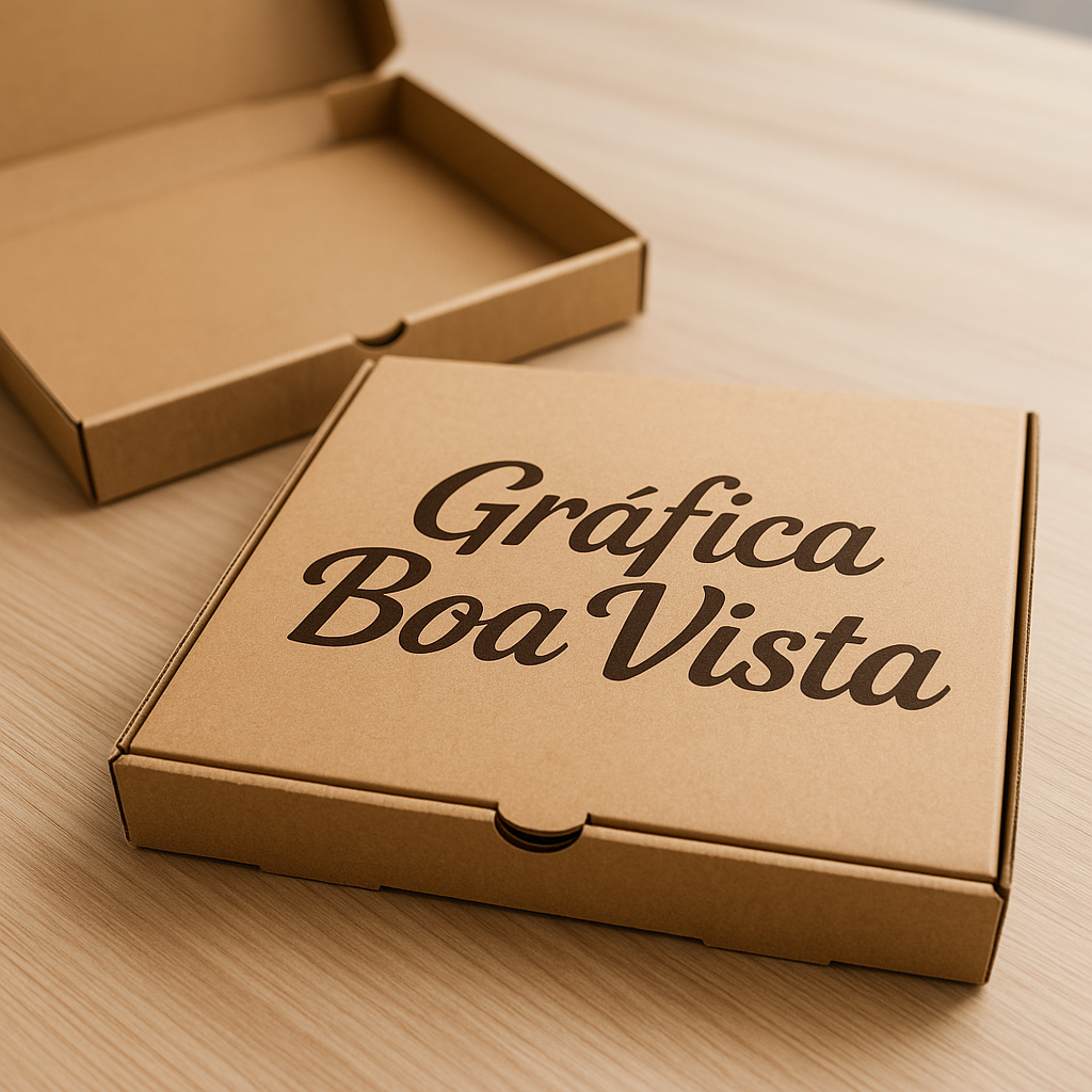 Caixas de pizza personalizadas produzidas em gráfica em Curitiba, empilhadas em ambiente de produção