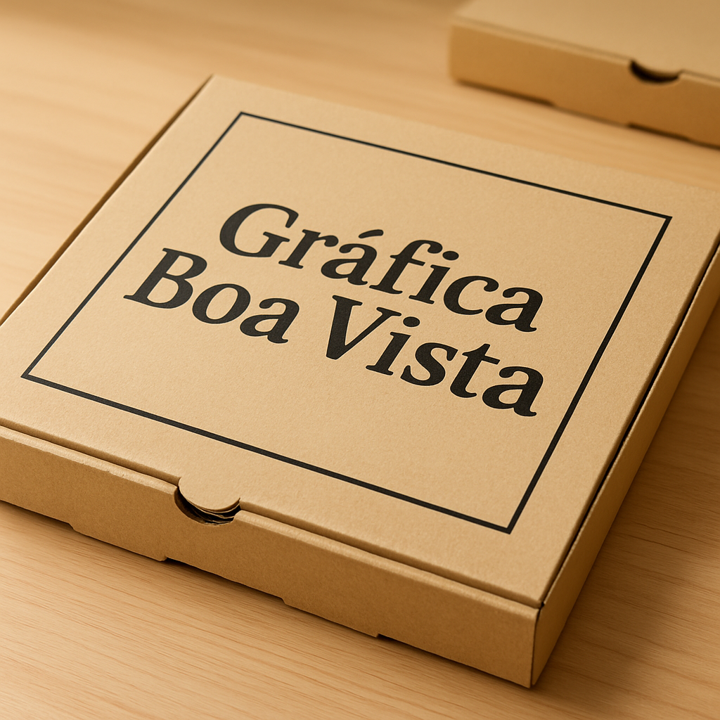 Caixas de pizza personalizadas produzidas em gráfica em Curitiba, empilhadas em ambiente de produção