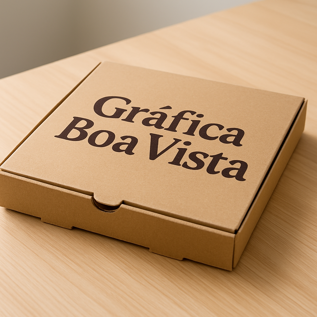 Caixas de pizza personalizadas produzidas em gráfica em Curitiba, empilhadas em ambiente de produção