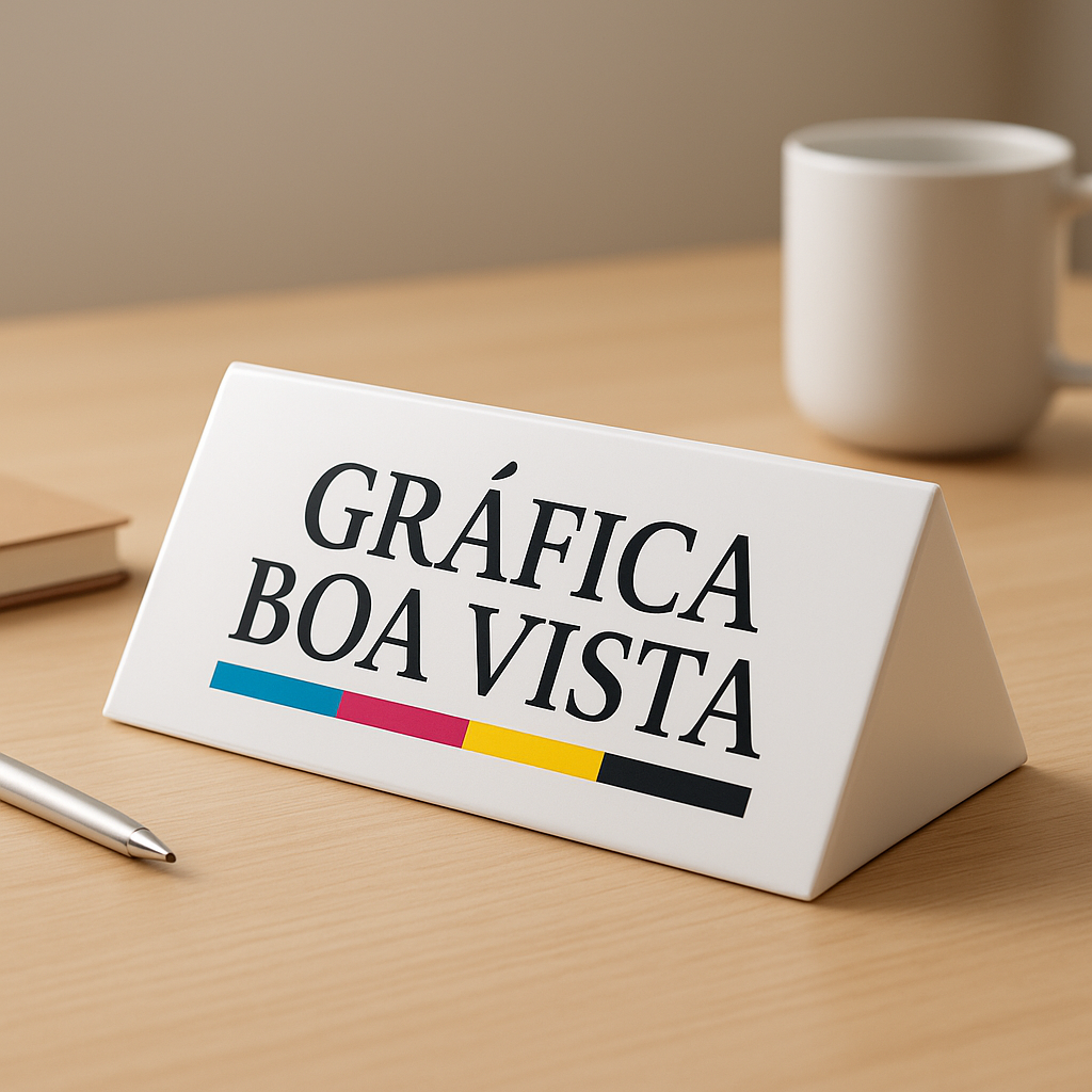 Prisma de Mesa personalizado sobre uma mesa em ambiente de gráfica, com visual profissional e sem texto na imagem