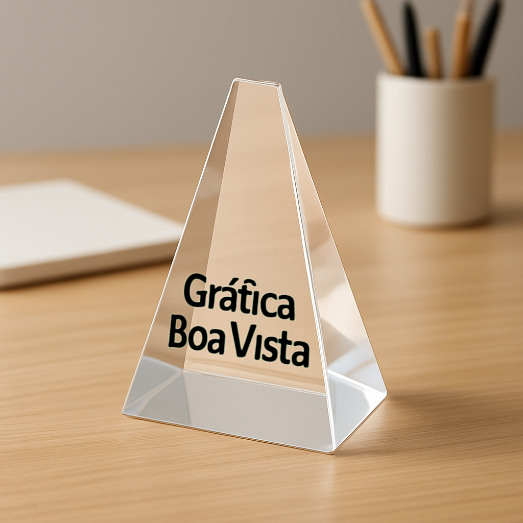 Prisma de Mesa personalizado sobre uma mesa em ambiente de gráfica, com visual profissional e sem texto na imagem