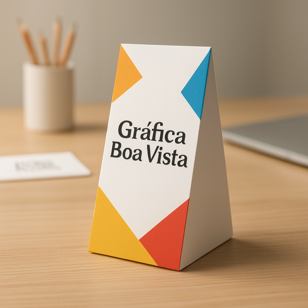 Prisma de Mesa personalizado sobre uma mesa em ambiente de gráfica, com visual profissional e sem texto na imagem