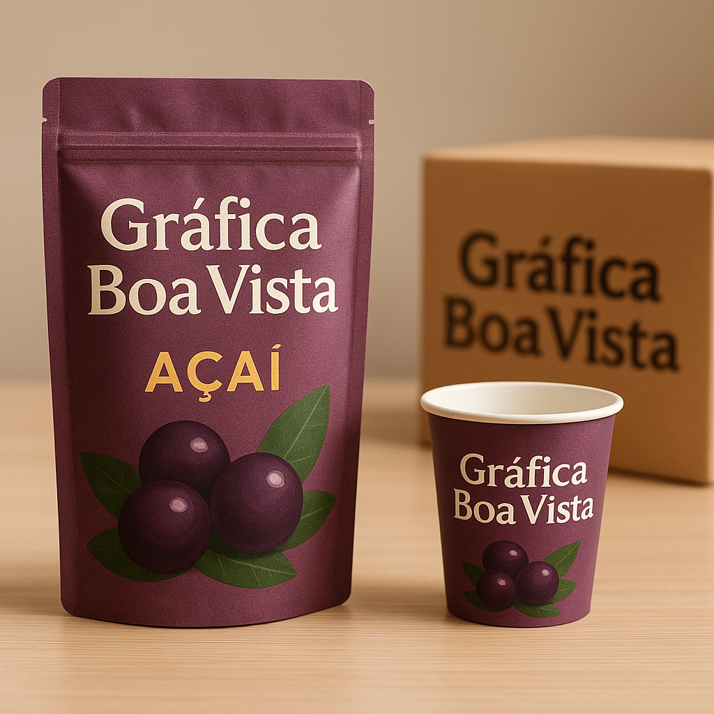Gráfica em Curitiba produzindo embalagem para açaí em ambiente profissional