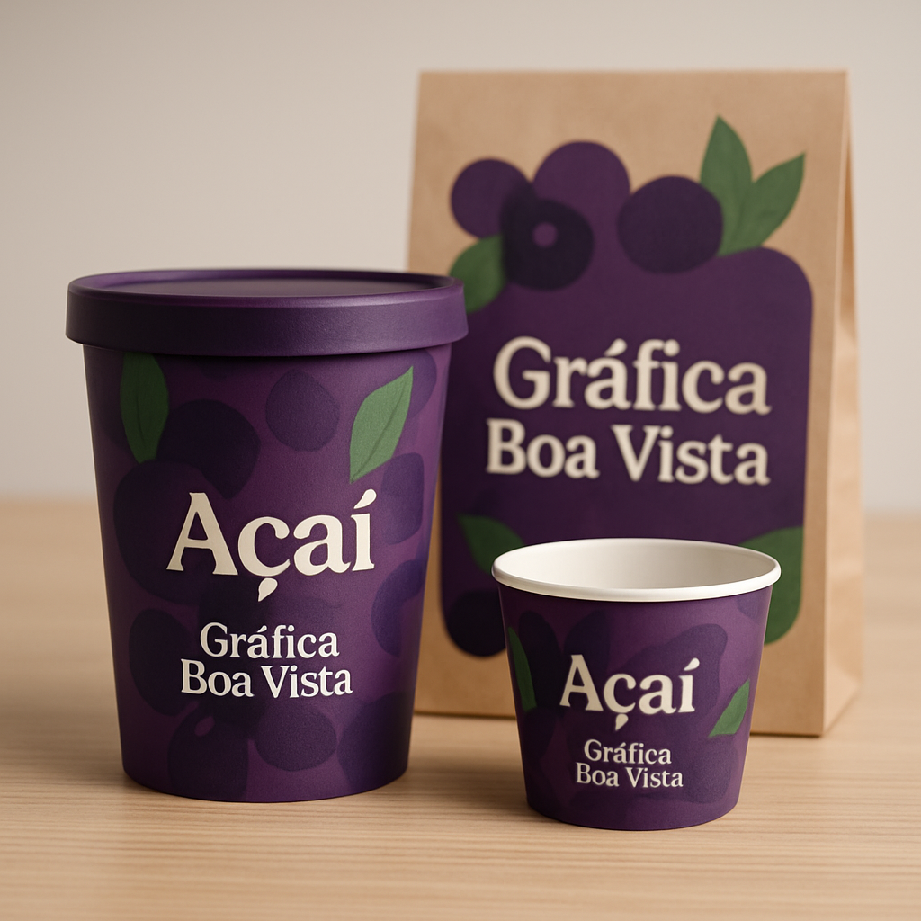 Gráfica em Curitiba produzindo embalagem para açaí em ambiente profissional