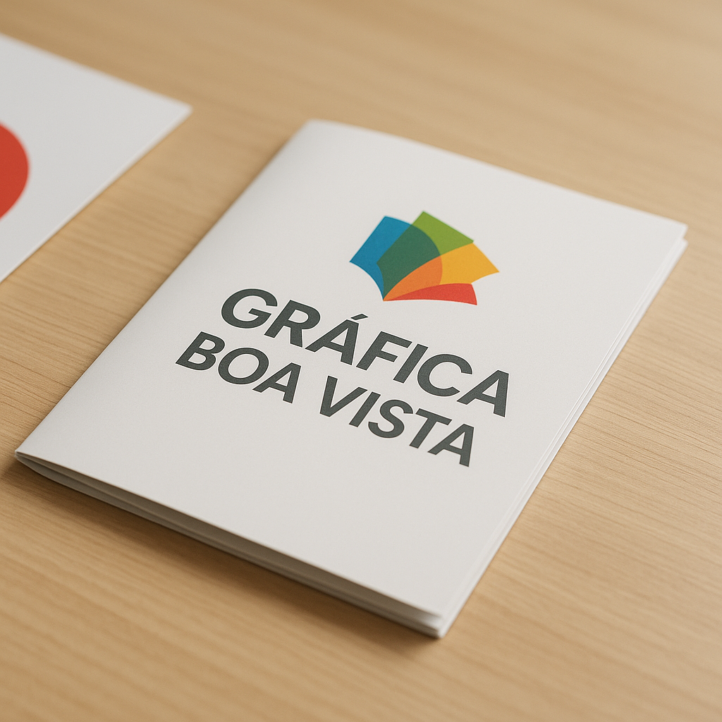 Folhetos explicativos impressos em uma gráfica em Curitiba, com pilhas organizadas sobre a mesa de produção