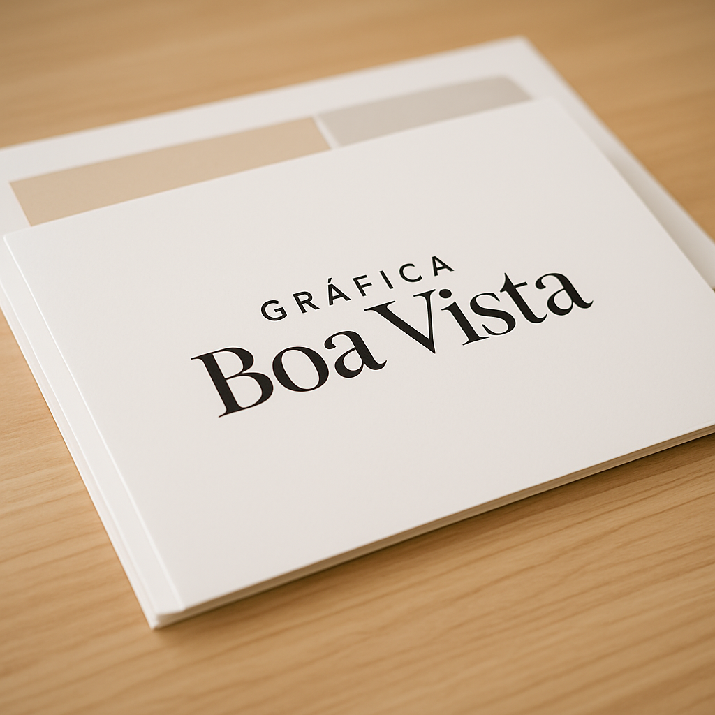 Folhetos explicativos impressos em uma gráfica em Curitiba, com pilhas organizadas sobre a mesa de produção