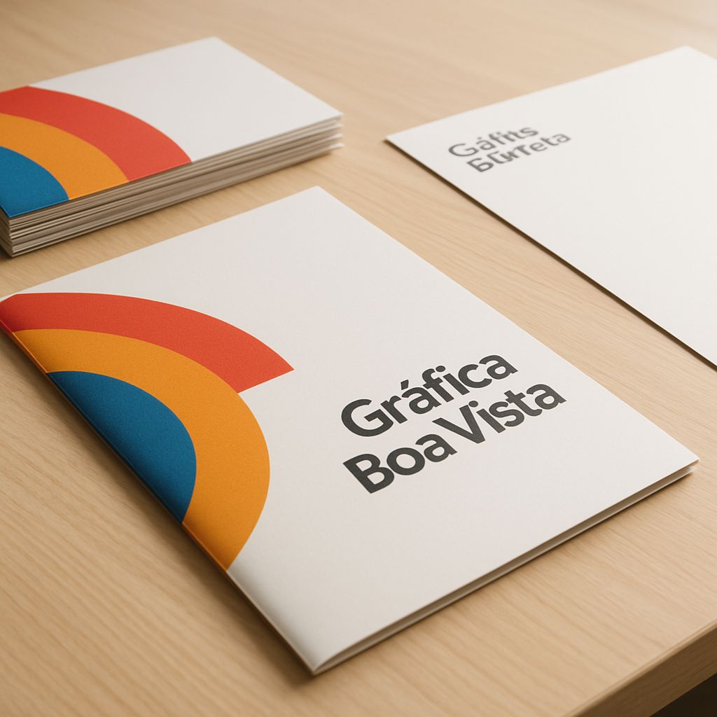 Folhetos explicativos impressos em uma gráfica em Curitiba, com pilhas organizadas sobre a mesa de produção