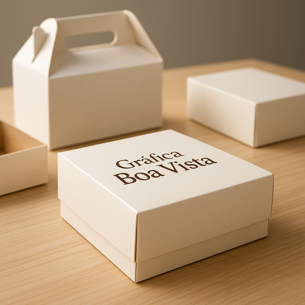 Caixas para doces personalizadas em ambiente de estúdio, com acabamento premium e composição organizada