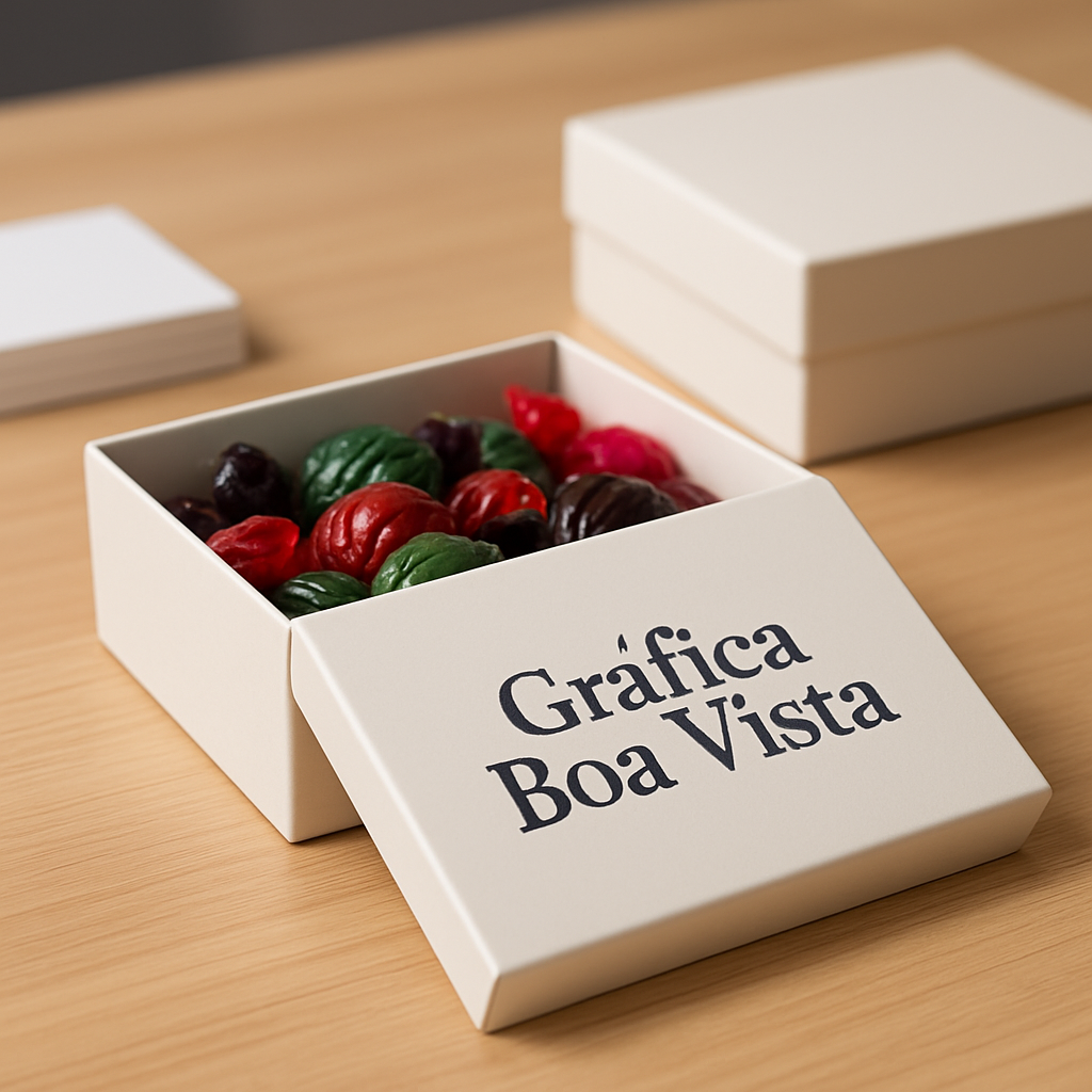 Caixas para doces personalizadas em ambiente de estúdio, com acabamento premium e composição organizada