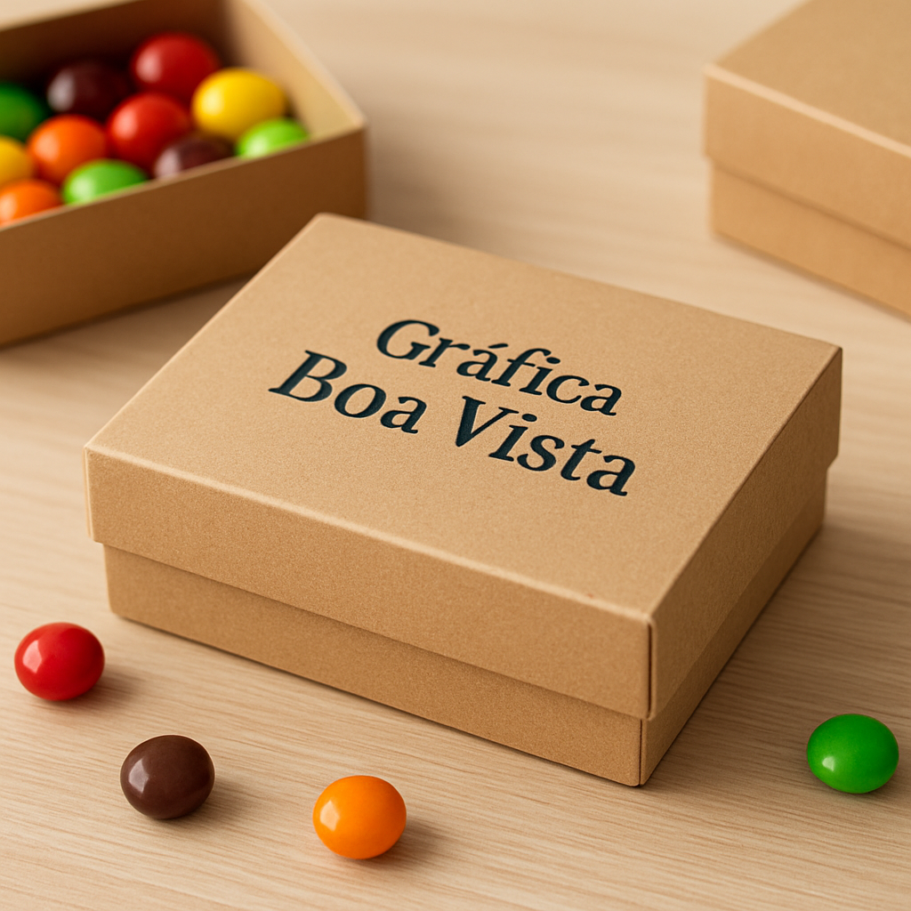 Caixas para doces personalizadas em ambiente de estúdio, com acabamento premium e composição organizada