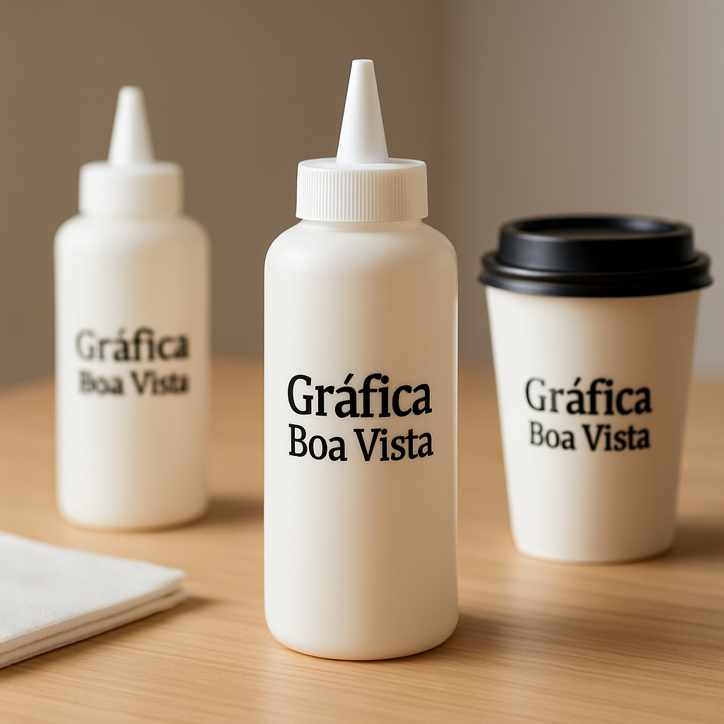 Foto de uma gráfica em Curitiba com squeezes personalizados expostos no balcão, em ambiente profissional e bem iluminado
