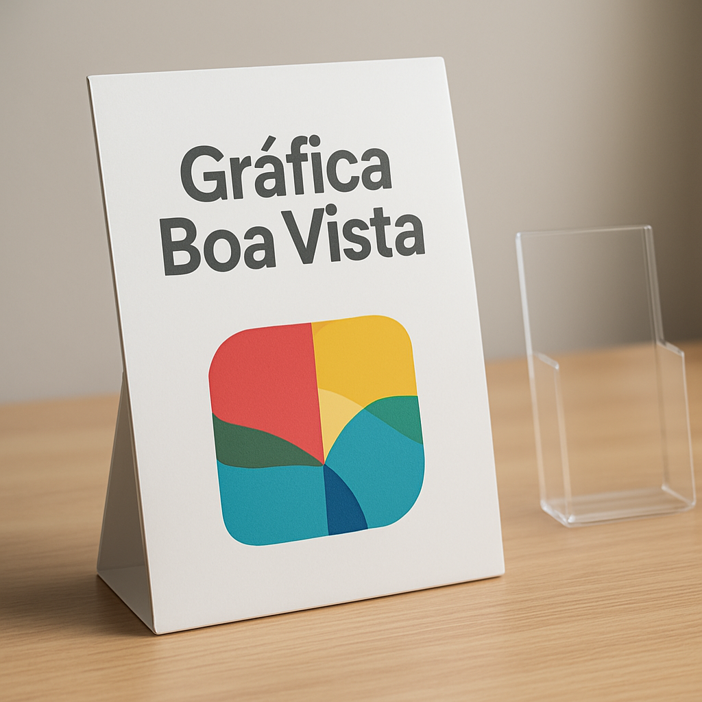 Display de Balcão em recepção de clínica, com comunicação visual profissional e ambiente limpo