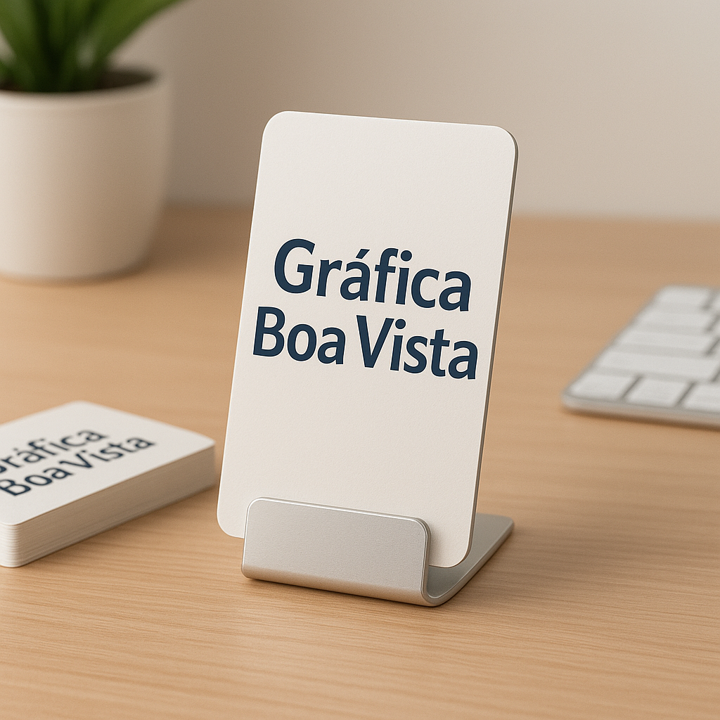 Móbile promocional pendurado na recepção de uma clínica, em ambiente limpo e moderno
