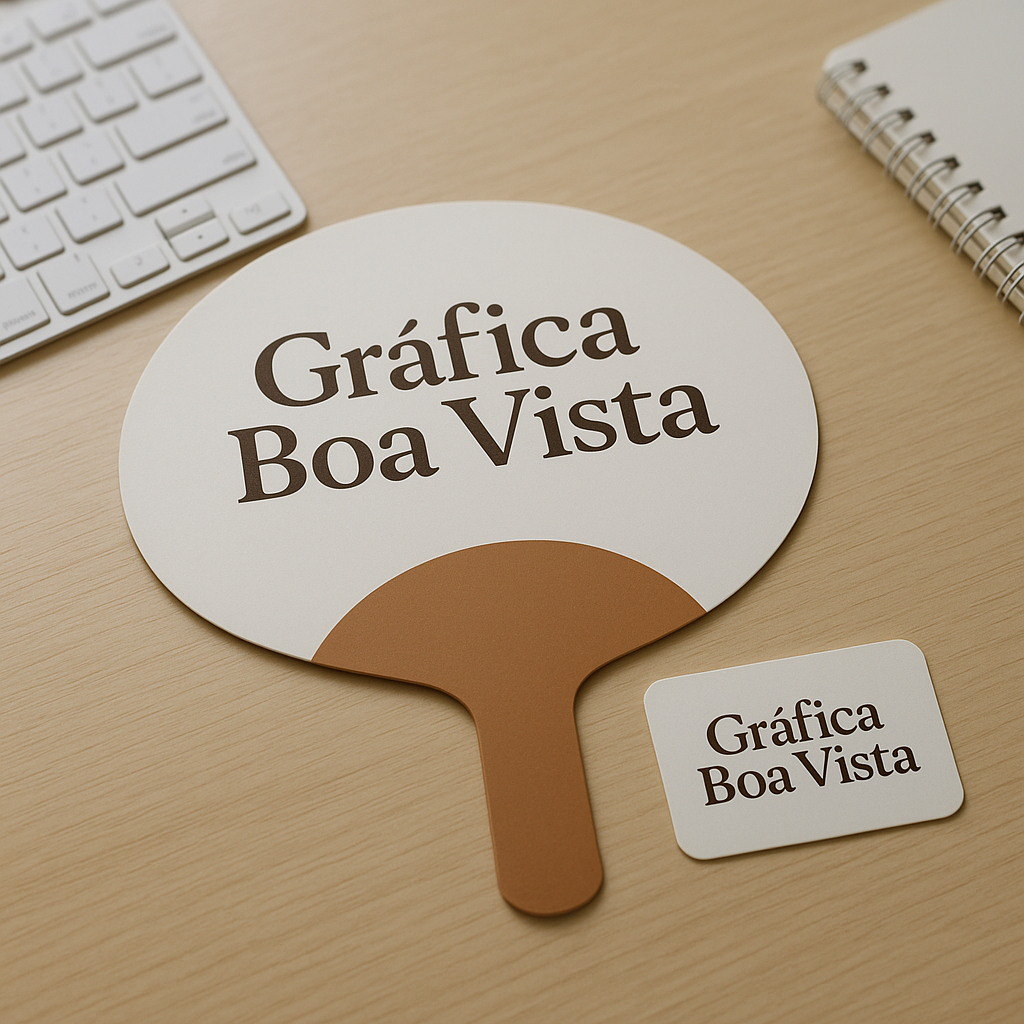 Ventarola personalizada em recepção de clínica moderna, com visual profissional e identidade de marca