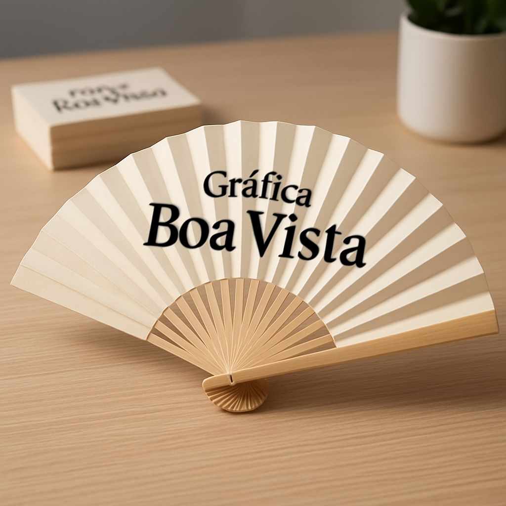 Ventarola personalizada em recepção de clínica moderna, com visual profissional e identidade de marca