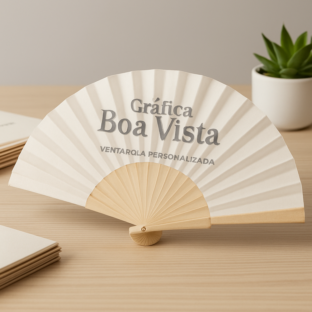 Ventarola personalizada em recepção de clínica moderna, com visual profissional e identidade de marca